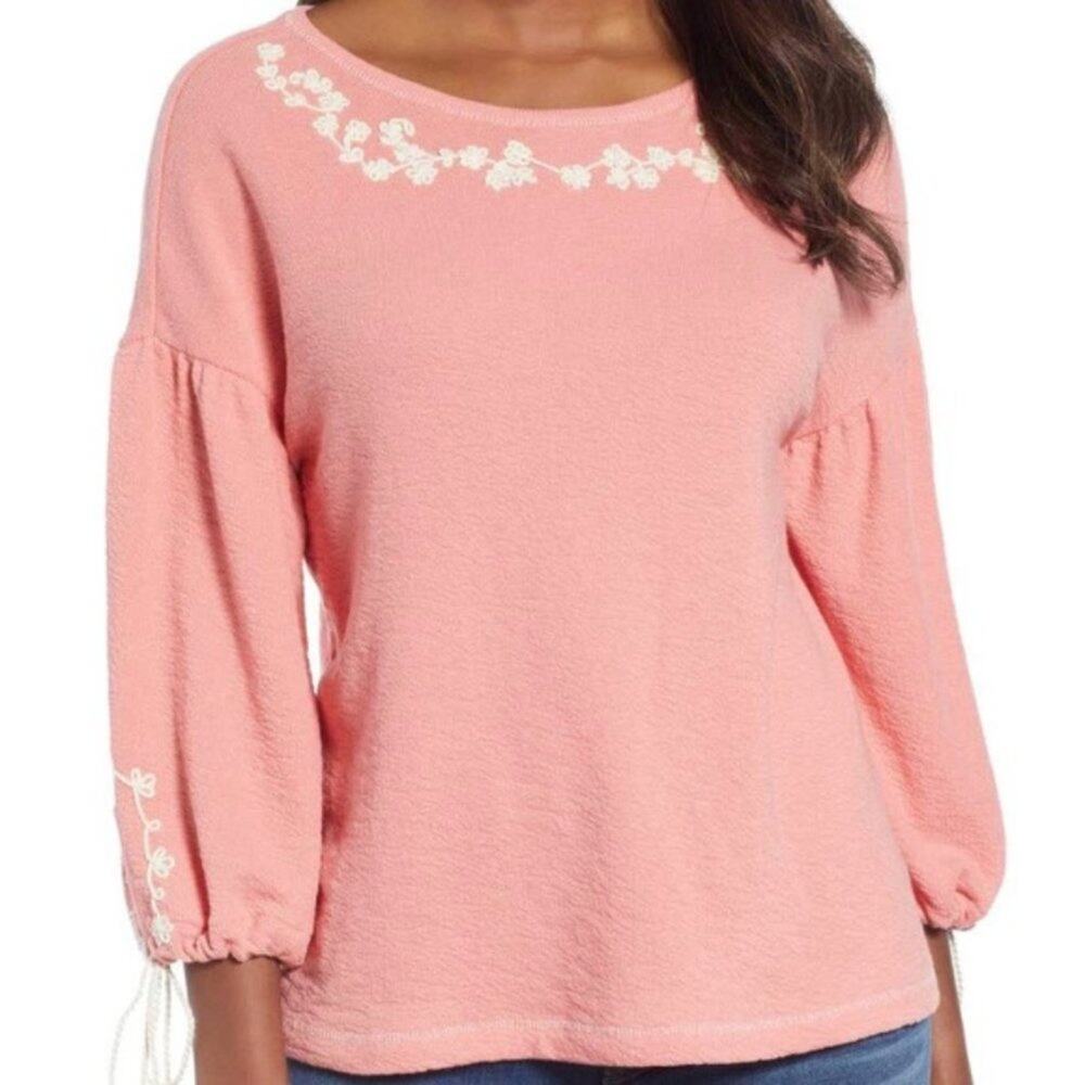 CASLON Coral Embroidered Billow Sleeve Top S Boho NWT Statement Tassel Ties